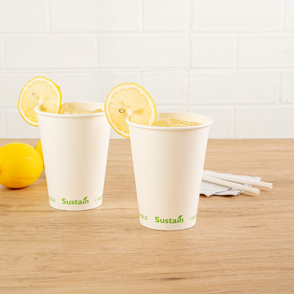 Sustain 12 oz White Paper Cold Cup - PLA Lining, Compostable - 3 1/2" x 3 1/2" x 4 1/4" - 1000 count box