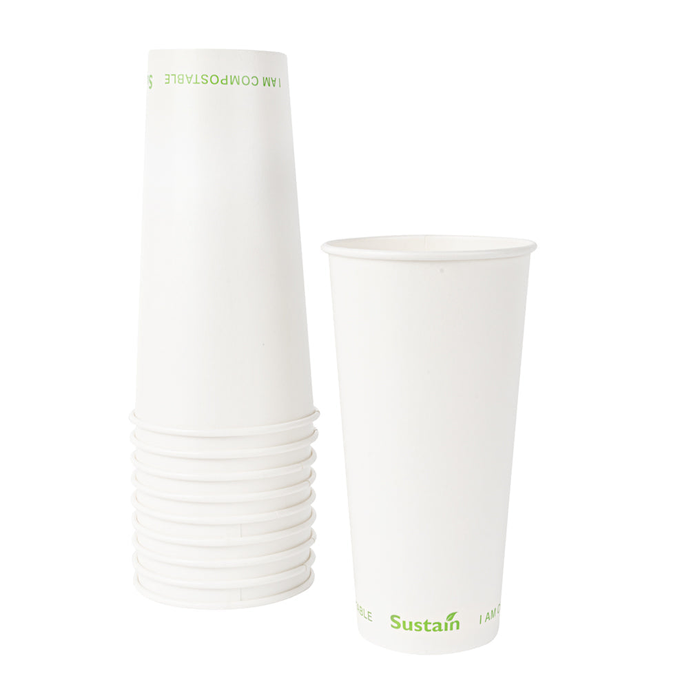 Sustain 22 oz White Paper Cold Cup - PLA Lining, Compostable - 3 1/2" x 3 1/2" x 6 3/4" - 50 count box