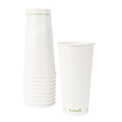 Sustain 22 oz White Paper Cold Cup - PLA Lining, Compostable - 3 1/2" x 3 1/2" x 6 3/4" - 50 count box