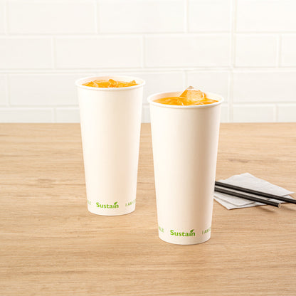 Sustain 22 oz White Paper Cold Cup - PLA Lining, Compostable - 3 1/2" x 3 1/2" x 6 3/4" - 50 count box
