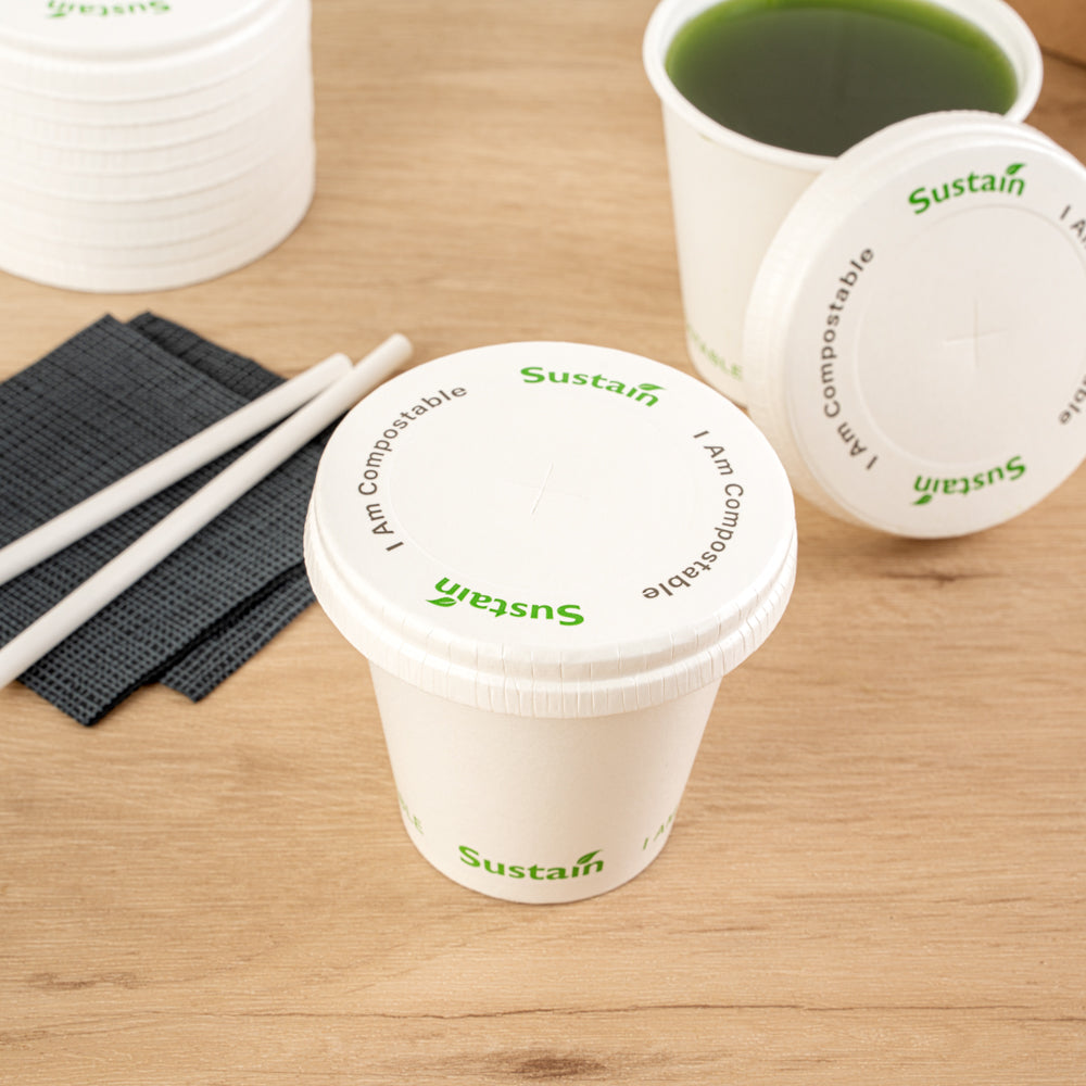 Sustain White Paper Cold Cup Flat Lid - Fits 9, 12, 16, 20 and 22 oz, PLA Lining, Compostable - 1000 count box