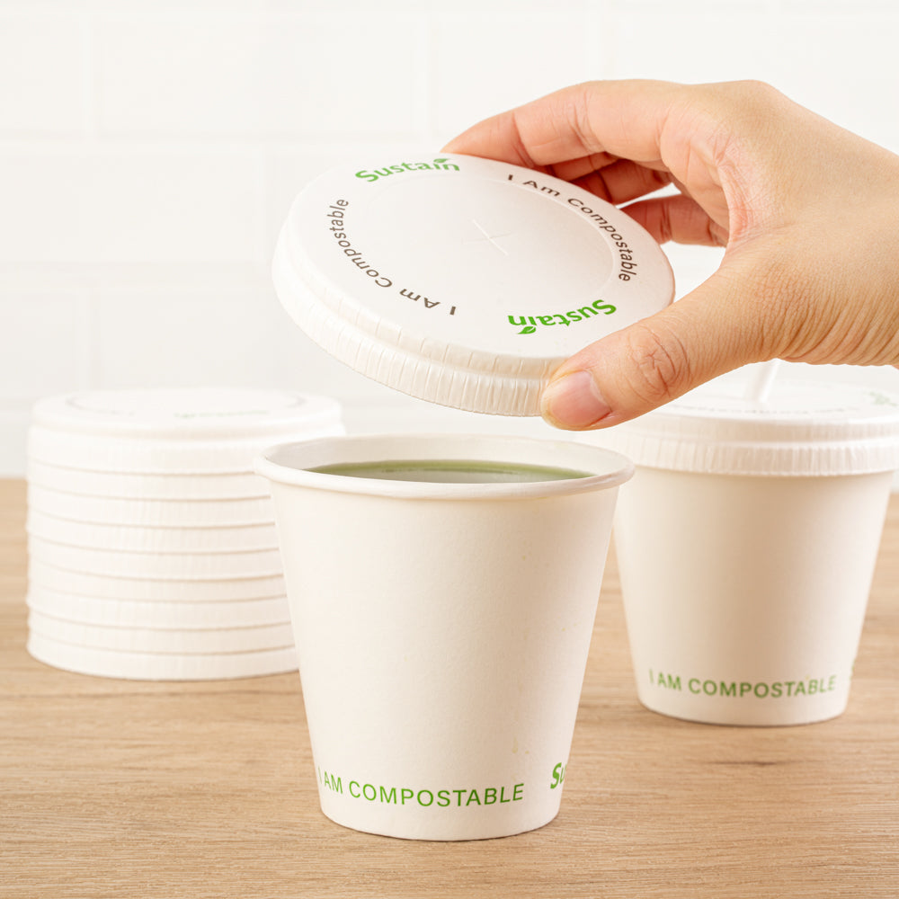 Sustain White Paper Cold Cup Flat Lid - Fits 9, 12, 16, 20 and 22 oz, PLA Lining, Compostable - 50 count box