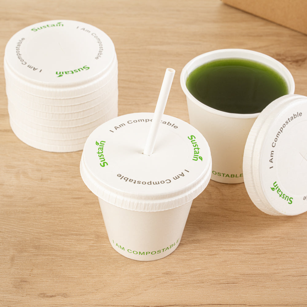 Sustain White Paper Cold Cup Flat Lid - Fits 9, 12, 16, 20 and 22 oz, PLA Lining, Compostable - 1000 count box