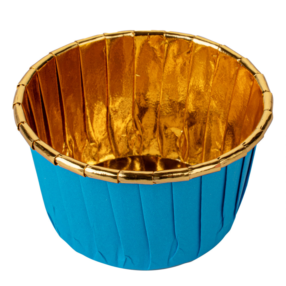 Panificio 3.5 oz Round Blue Foil Paper Baking Cup - Lids Available - 2 3/4" x 2 3/4" x 1 1/2" - 50 count box