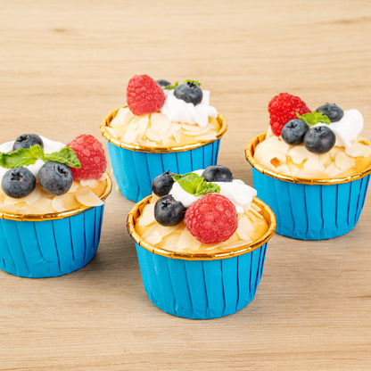 Panificio 3.5 oz Round Blue Foil Paper Baking Cup - Lids Available - 2 3/4" x 2 3/4" x 1 1/2" - 50 count box