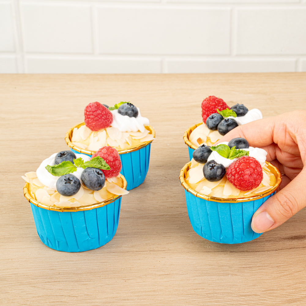 Panificio 3.5 oz Round Blue Foil Paper Baking Cup - Lids Available - 2 3/4" x 2 3/4" x 1 1/2" - 50 count box