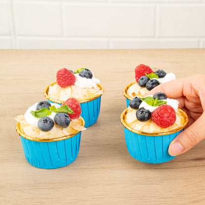 Panificio 3.5 oz Round Blue Foil Paper Baking Cup - Lids Available - 2 3/4" x 2 3/4" x 1 1/2" - 50 count box