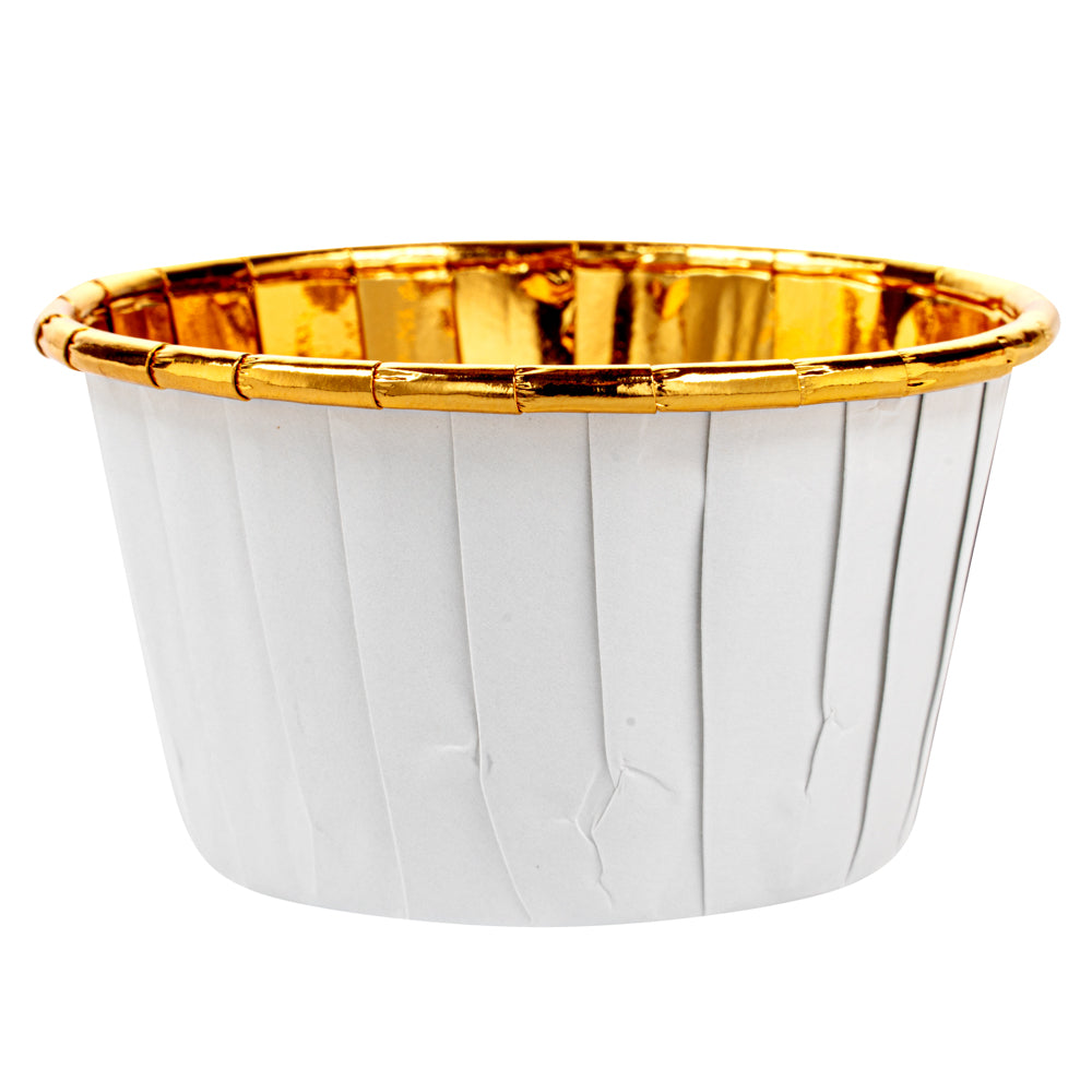 Panificio 3.5 oz Round White Foil Paper Baking Cup - Lids Available - 2 3/4" x 2 3/4" x 1 1/2" - 50 count box