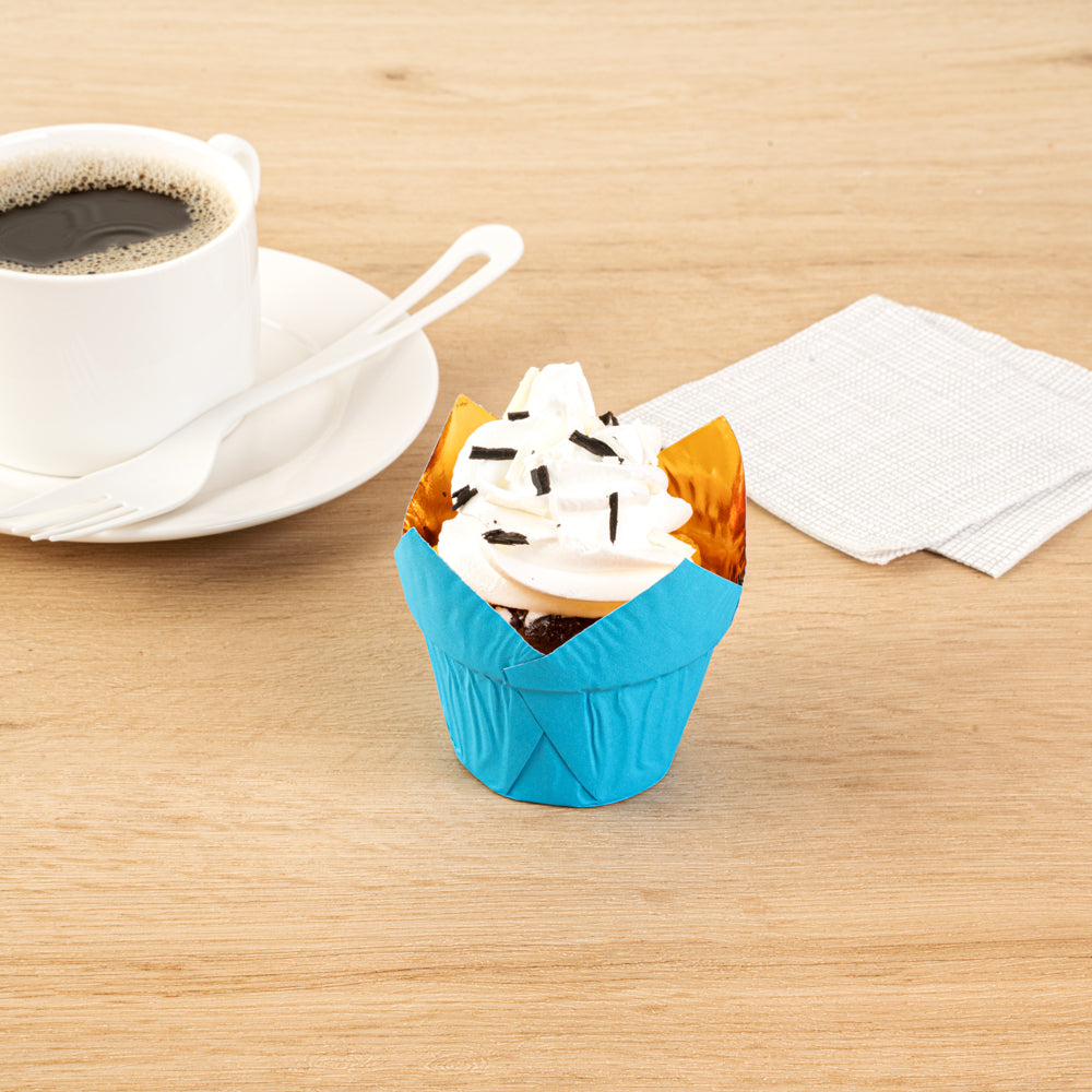 Panificio 3.9 oz Blue Foil Paper Tulip Baking Cup - 3 1/4" x 3 1/4" x 2 3/4" - 50 count box