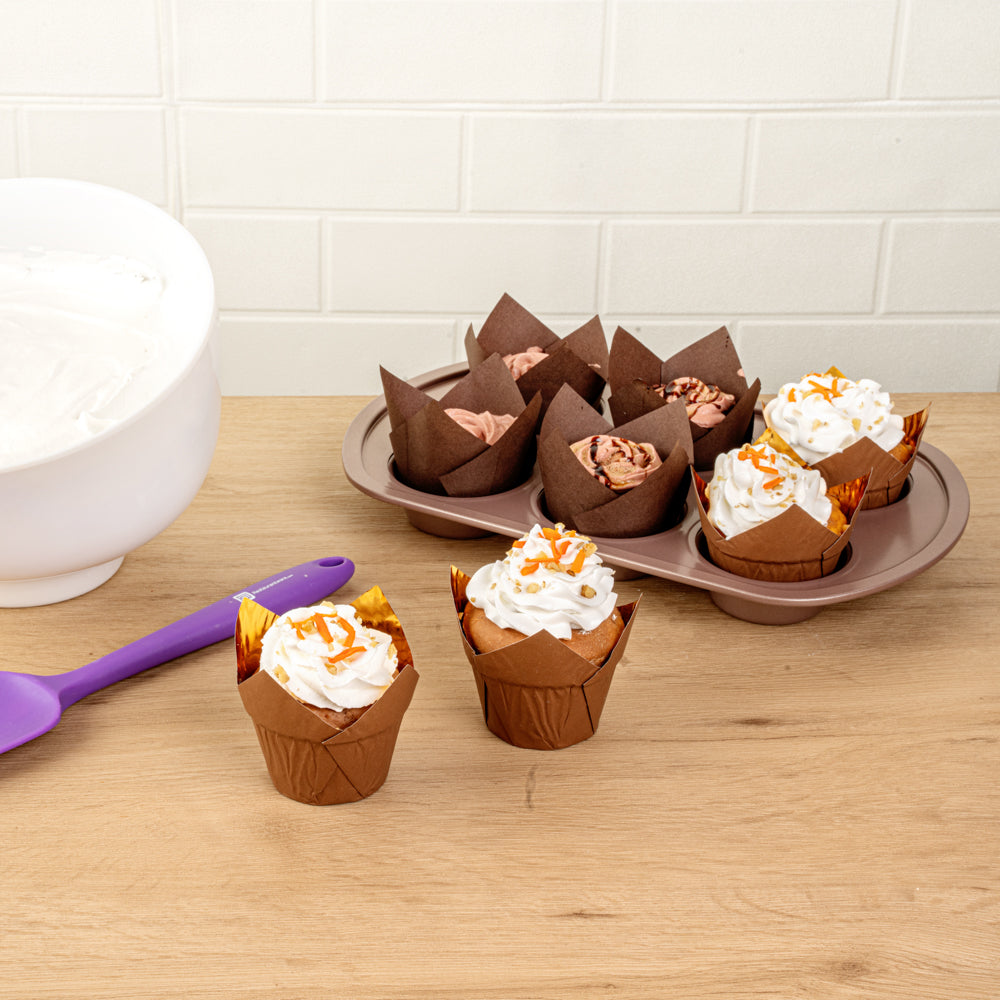 Panificio 3.9 oz Brown Foil Paper Tulip Baking Cup - 3 1/4" x 3 1/4" x 2 3/4" - 500 count box