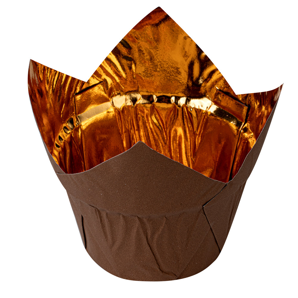 Panificio 3.9 oz Brown Foil Paper Tulip Baking Cup - 3 1/4" x 3 1/4" x 2 3/4" - 500 count box