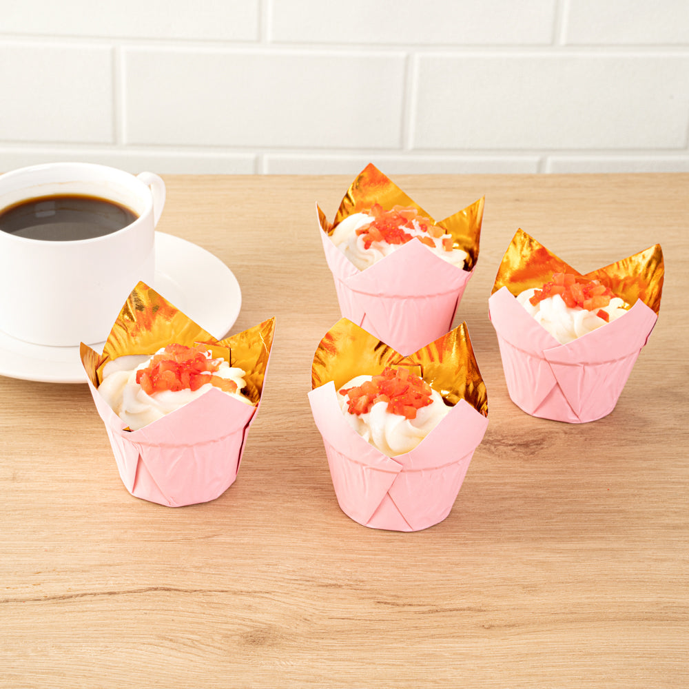 Panificio 3.9 oz Pink Foil Paper Tulip Baking Cup - 3 1/4" x 3 1/4" x 2 3/4" - 50 count box