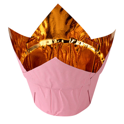 Panificio 3.9 oz Pink Foil Paper Tulip Baking Cup - 3 1/4" x 3 1/4" x 2 3/4" - 50 count box