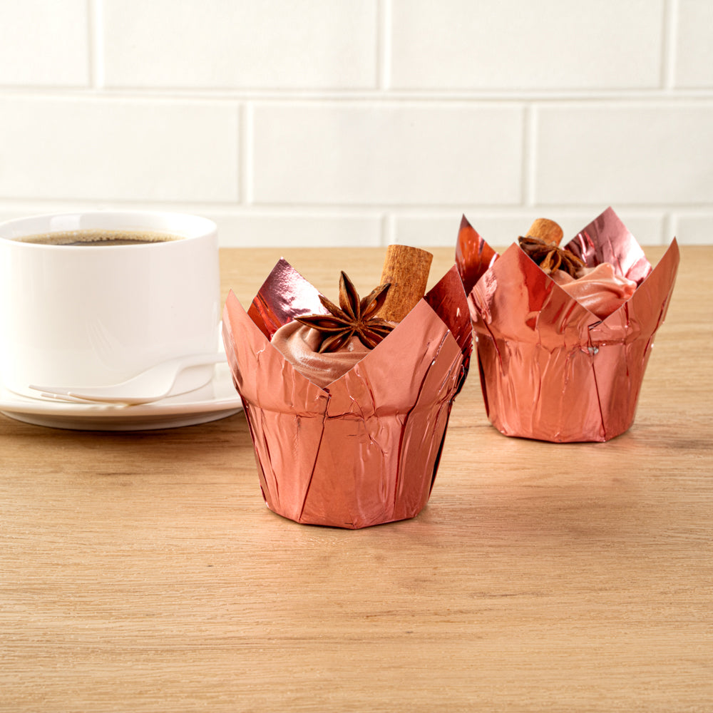Panificio 3.9 oz Rose Gold Foil Paper Tulip Baking Cup - 3 1/4" x 3 1/4" x 2 3/4" - 500 count box