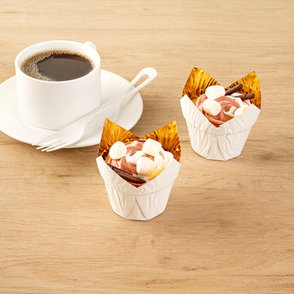 Panificio 3.9 oz White Foil Paper Tulip Baking Cup - 3 1/4" x 3 1/4" x 2 3/4" - 50 count box