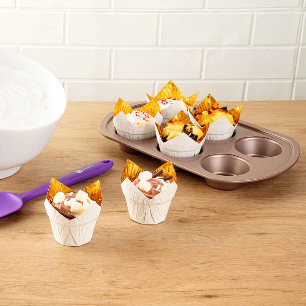 Panificio 3.9 oz White Foil Paper Tulip Baking Cup - 3 1/4" x 3 1/4" x 2 3/4" - 50 count box