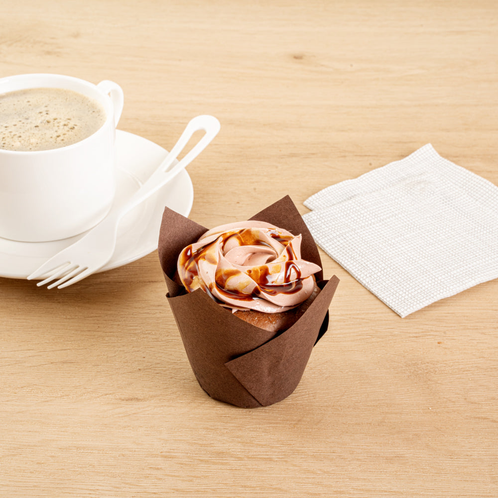 Panificio 3.5 oz Brown Paper Tulip Baking Cup - Greaseproof - 3 1/4" x 3 1/4" x 3 1/4" - 50 count box
