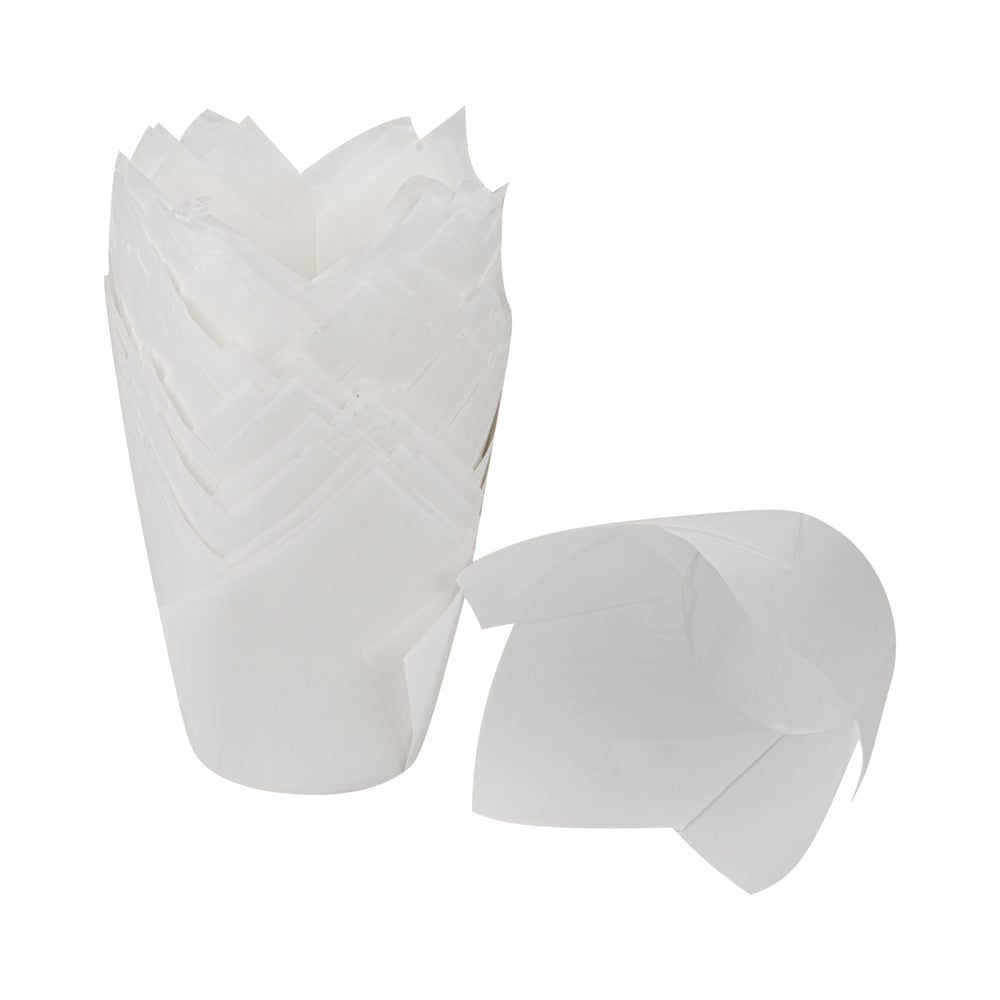 Panificio 3.5 oz White Paper Tulip Baking Cup - Greaseproof - 3 1/4" x 3 1/4" x 3 1/4" - 50 count box