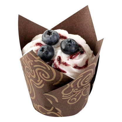 Panificio 3.5 oz Brown Paper Floral Tulip Baking Cup - Greaseproof - 3 1/4" x 3 1/4" x 3 1/4" - 50 count box