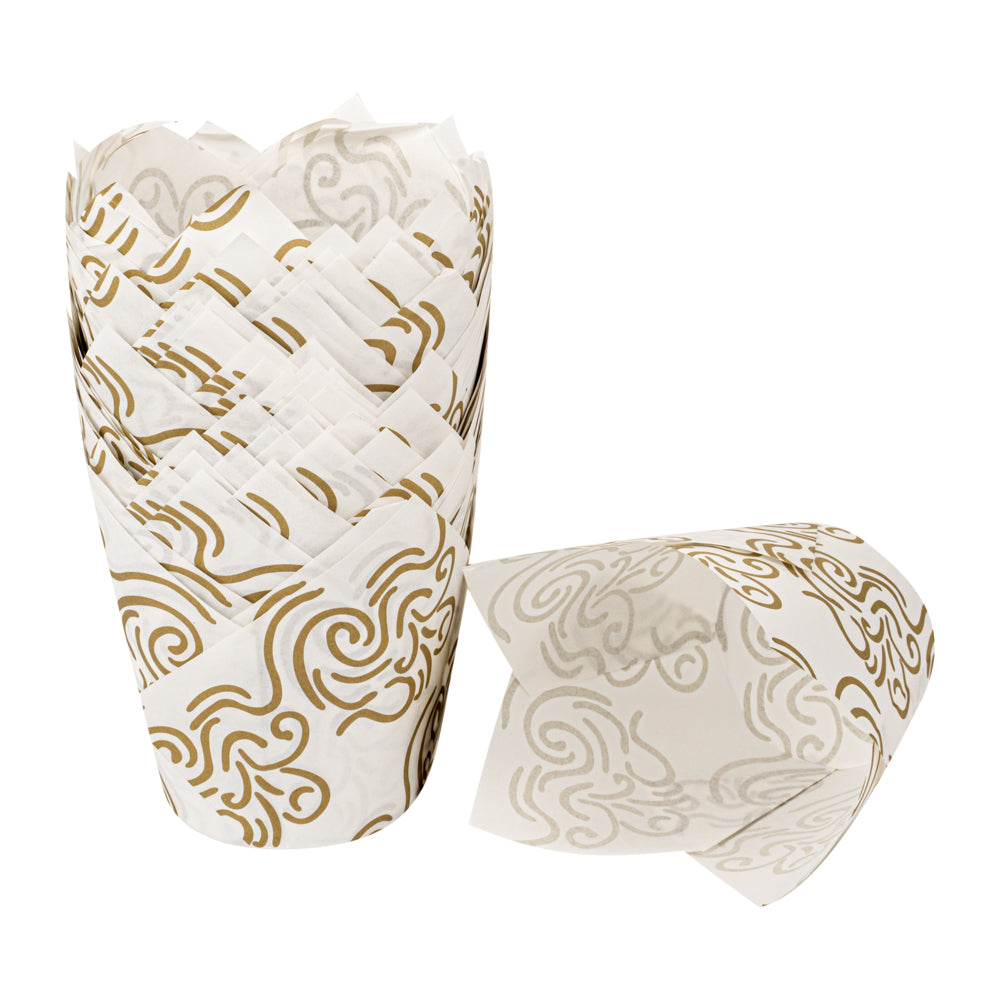 Panificio 3.5 oz White Paper Floral Tulip Baking Cup - Greaseproof - 3 1/4" x 3 1/4" x 3 1/4" - 50 count box