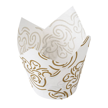 Panificio 3.5 oz White Paper Floral Tulip Baking Cup - Greaseproof - 3 1/4" x 3 1/4" x 3 1/4" - 50 count box