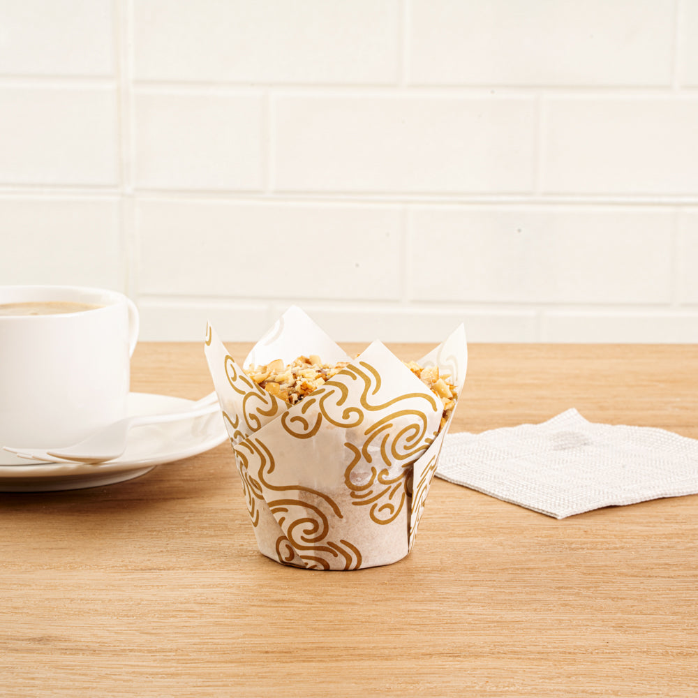 Panificio 3.5 oz White Paper Floral Tulip Baking Cup - Greaseproof - 3 1/4" x 3 1/4" x 3 1/4" - 500 count box