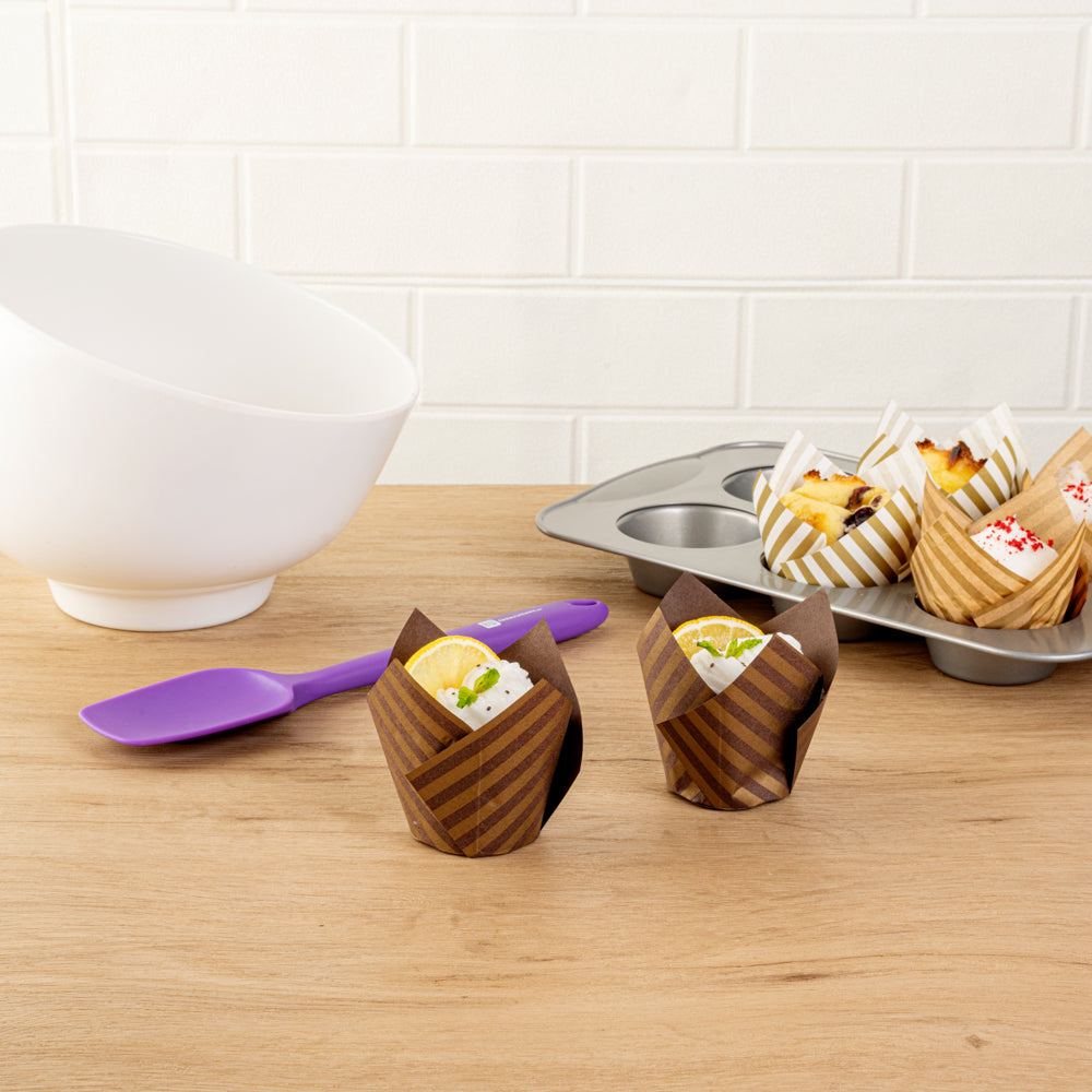 Panificio 3.5 oz Brown Paper Striped Tulip Baking Cup - Greaseproof - 3 1/4" x 3 1/4" x 3 1/4" - 500 count box