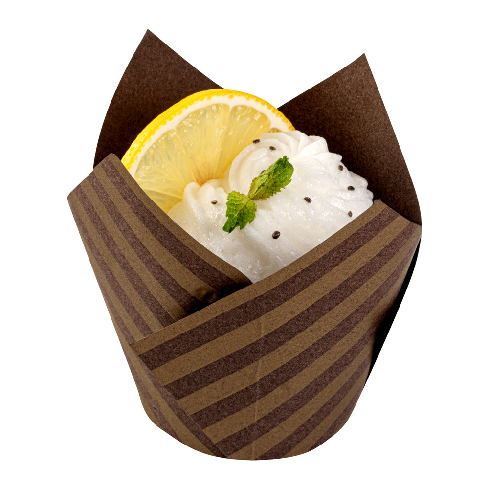 Panificio 3.5 oz Brown Paper Striped Tulip Baking Cup - Greaseproof - 3 1/4" x 3 1/4" x 3 1/4" - 50 count box