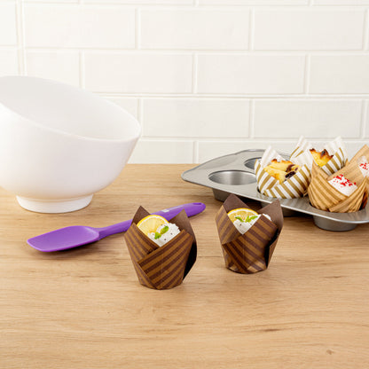 Panificio 3.5 oz Brown Paper Striped Tulip Baking Cup - Greaseproof - 3 1/4" x 3 1/4" x 3 1/4" - 50 count box