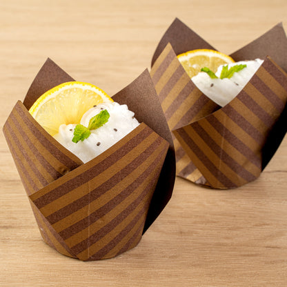 Panificio 3.5 oz Brown Paper Striped Tulip Baking Cup - Greaseproof - 3 1/4" x 3 1/4" x 3 1/4" - 50 count box