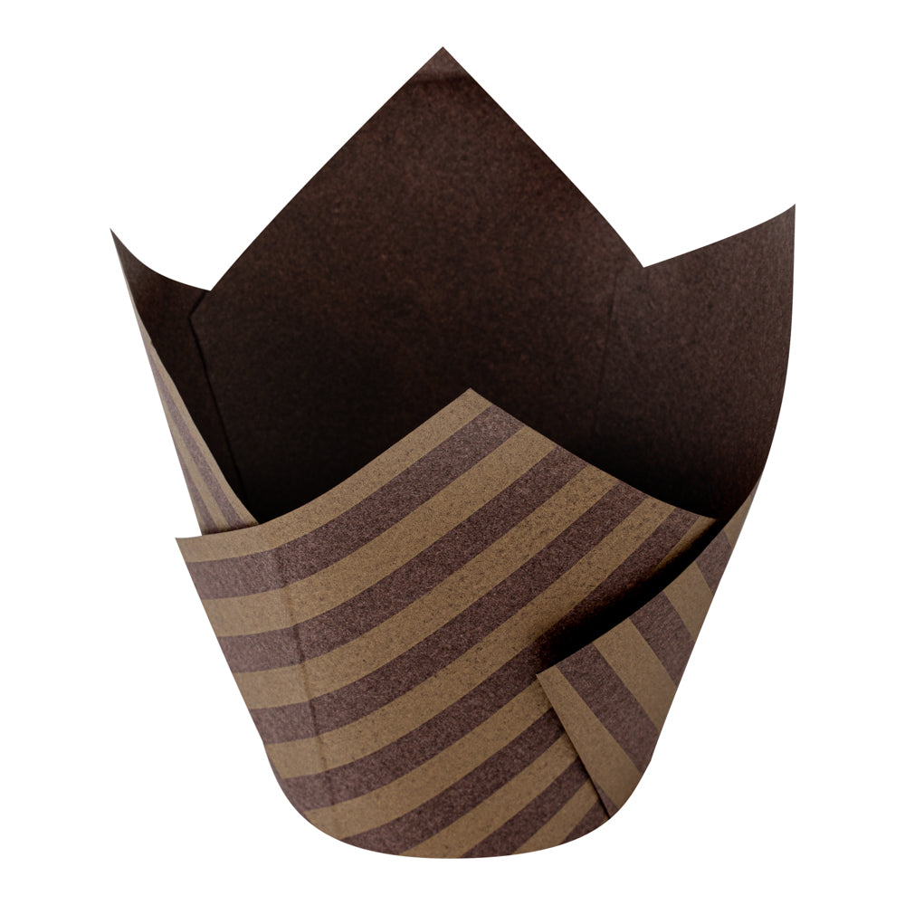 Panificio 3.5 oz Brown Paper Striped Tulip Baking Cup - Greaseproof - 3 1/4" x 3 1/4" x 3 1/4" - 500 count box