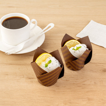Panificio 3.5 oz Brown Paper Striped Tulip Baking Cup - Greaseproof - 3 1/4" x 3 1/4" x 3 1/4" - 500 count box