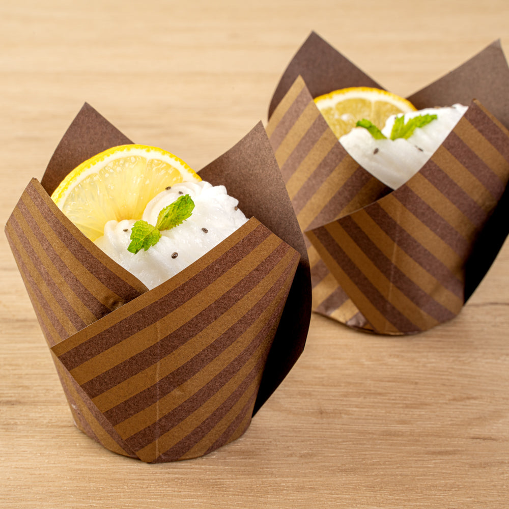 Panificio 3.5 oz Brown Paper Striped Tulip Baking Cup - Greaseproof - 3 1/4" x 3 1/4" x 3 1/4" - 500 count box