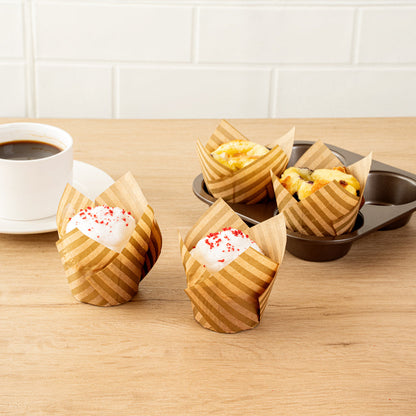 Panificio 3.5 oz Kraft Paper Striped Tulip Baking Cup - Greaseproof - 3 1/4" x 3 1/4" x 3 1/4" - 500 count box