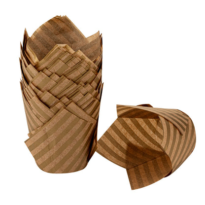 Panificio 3.5 oz Kraft Paper Striped Tulip Baking Cup - Greaseproof - 3 1/4" x 3 1/4" x 3 1/4" - 50 count box