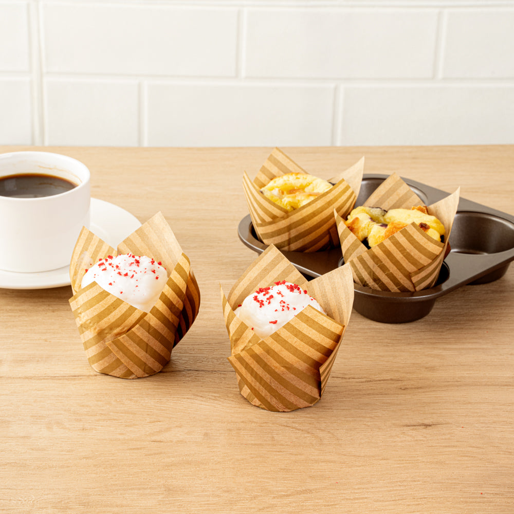 Panificio 3.5 oz Kraft Paper Striped Tulip Baking Cup - Greaseproof - 3 1/4" x 3 1/4" x 3 1/4" - 50 count box