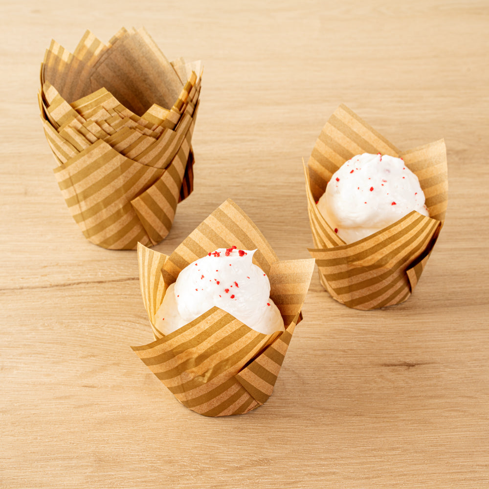 Panificio 3.5 oz Kraft Paper Striped Tulip Baking Cup - Greaseproof - 3 1/4" x 3 1/4" x 3 1/4" - 500 count box