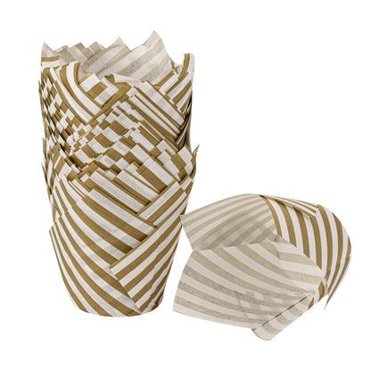 Panificio 3.5 oz White Paper Striped Tulip Baking Cup - Greaseproof - 3 1/4" x 3 1/4" x 3 1/4" - 50 count box