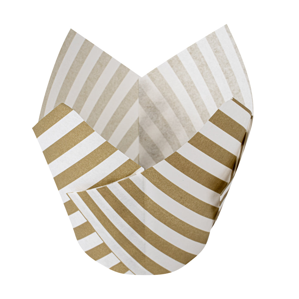 Panificio 3.5 oz White Paper Striped Tulip Baking Cup - Greaseproof - 3 1/4" x 3 1/4" x 3 1/4" - 50 count box