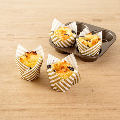 Panificio 3.5 oz White Paper Striped Tulip Baking Cup - Greaseproof - 3 1/4" x 3 1/4" x 3 1/4" - 50 count box