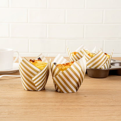 Panificio 3.5 oz White Paper Striped Tulip Baking Cup - Greaseproof - 3 1/4" x 3 1/4" x 3 1/4" - 500 count box