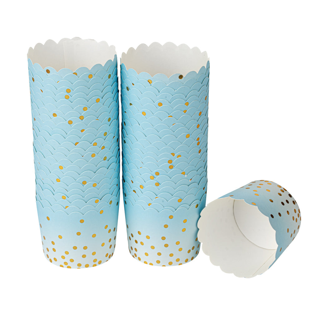 Panificio 4.5 oz Blue Paper Scalloped Baking Cup - Gold Polka Dots - 2 3/4" x 2 3/4" x 2" - 50 count box