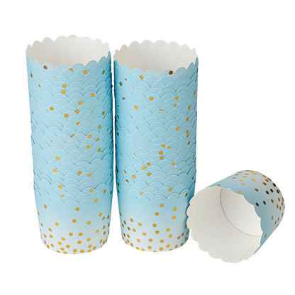 Panificio 4.5 oz Blue Paper Scalloped Baking Cup - Gold Polka Dots - 2 3/4" x 2 3/4" x 2" - 50 count box