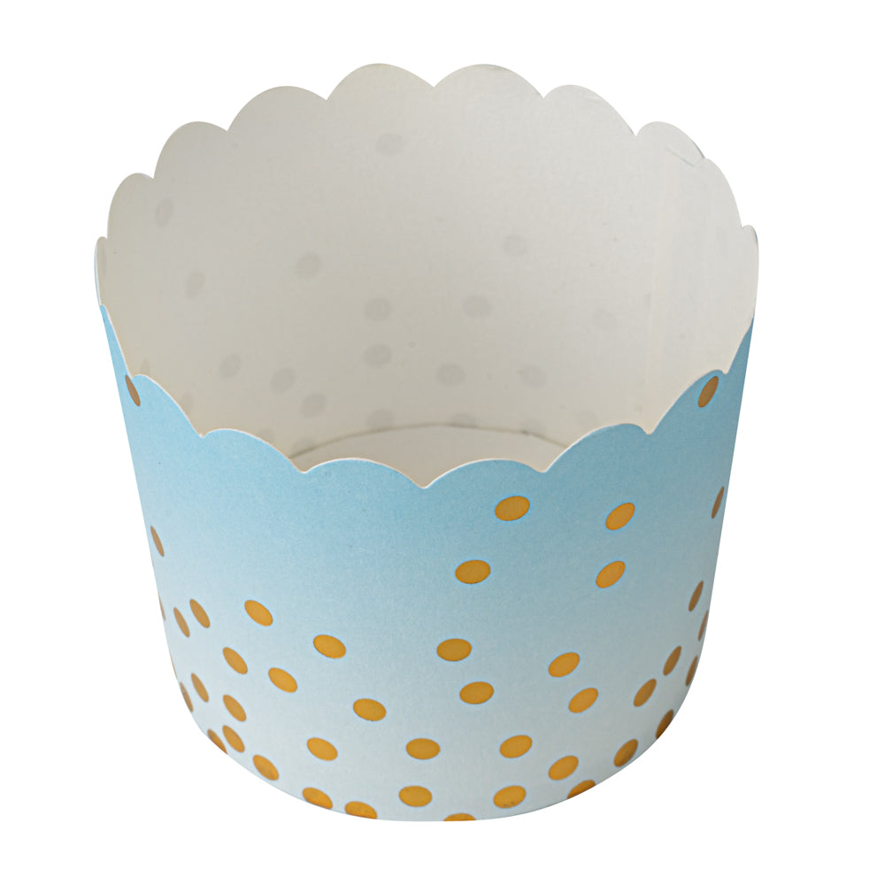 Panificio 4.5 oz Blue Paper Scalloped Baking Cup - Gold Polka Dots - 2 3/4" x 2 3/4" x 2" - 50 count box
