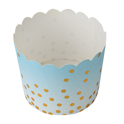 Panificio 4.5 oz Blue Paper Scalloped Baking Cup - Gold Polka Dots - 2 3/4" x 2 3/4" x 2" - 50 count box