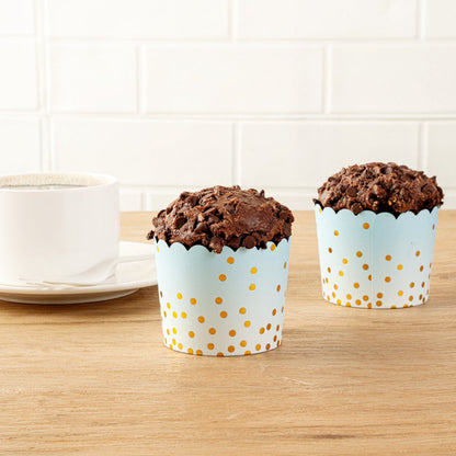 Panificio 4.5 oz Blue Paper Scalloped Baking Cup - Gold Polka Dots - 2 3/4" x 2 3/4" x 2" - 50 count box