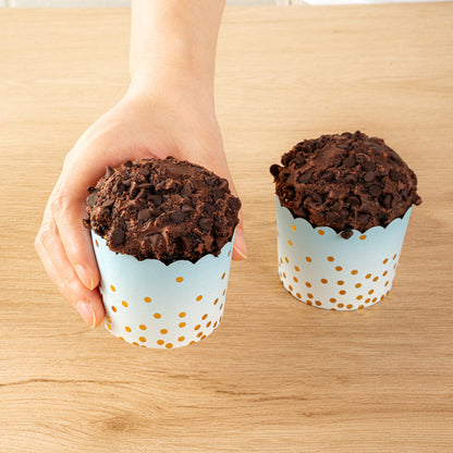 Panificio 4.5 oz Blue Paper Scalloped Baking Cup - Gold Polka Dots - 2 3/4" x 2 3/4" x 2" - 50 count box