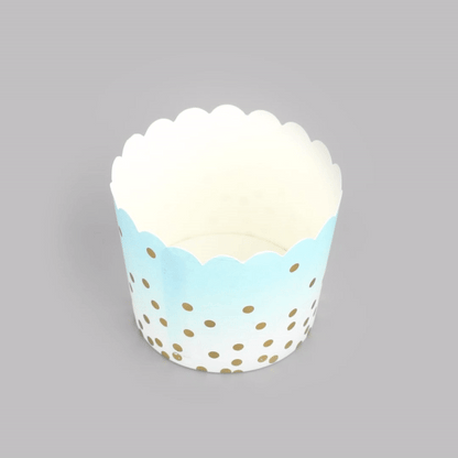 Panificio 4.5 oz Blue Paper Scalloped Baking Cup - Gold Polka Dots - 2 3/4" x 2 3/4" x 2" - 500 count box