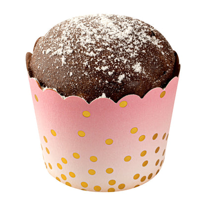 Panificio 4.5 oz Pink Paper Scalloped Baking Cup - Gold Polka Dots - 2 3/4" x 2 3/4" x 2" - 50 count box