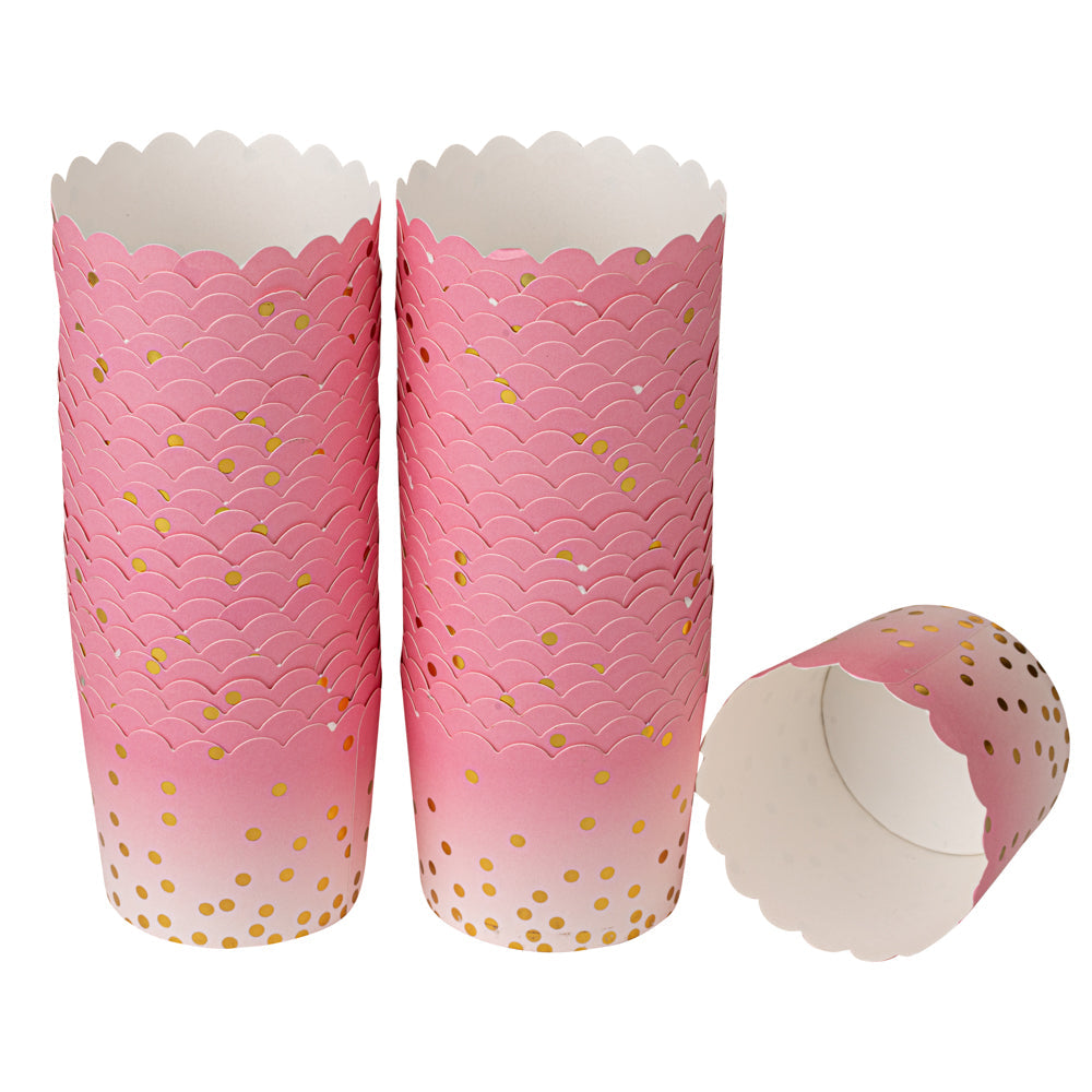 Panificio 4.5 oz Pink Paper Scalloped Baking Cup - Gold Polka Dots - 2 3/4" x 2 3/4" x 2" - 50 count box